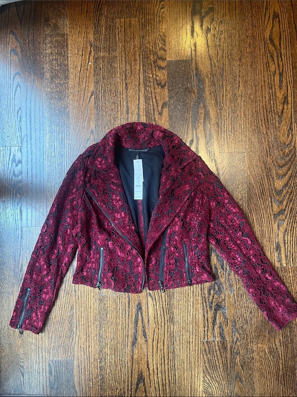 White House Black Market Burgundy Floral Lace Zipper Moto Jacket